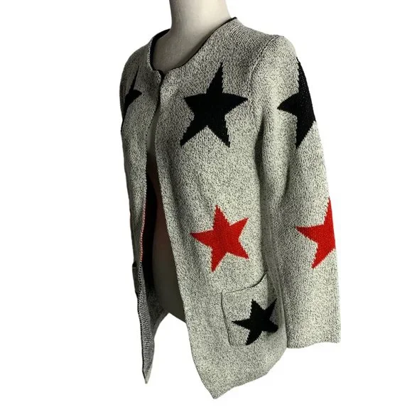 Open Front Marled Knit Cardigan Sweater S Black White Stars Pockets Long Sleeves - Picture 3 of 5